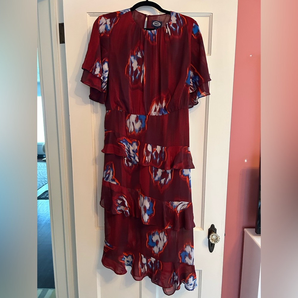 Scoop NYC Red and Blue Patterned Midi Dress